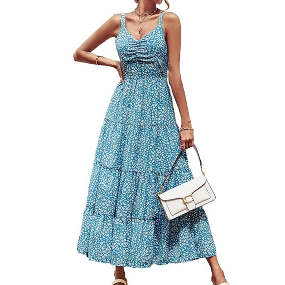 Women's maxi long dress tie back beach dress boho flowy pleated dress floral - Picture 4 of 6